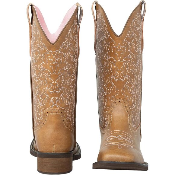 Brown Wide Square Toe Mid Calf Ladies Western Cowgirl Boots Cowboy Boots - Picture 2 of 9